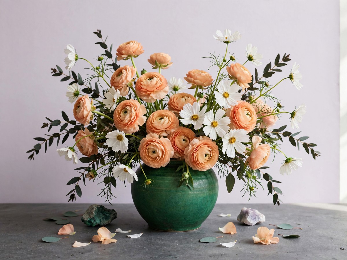 An airy peach arrangement in an emerald vase