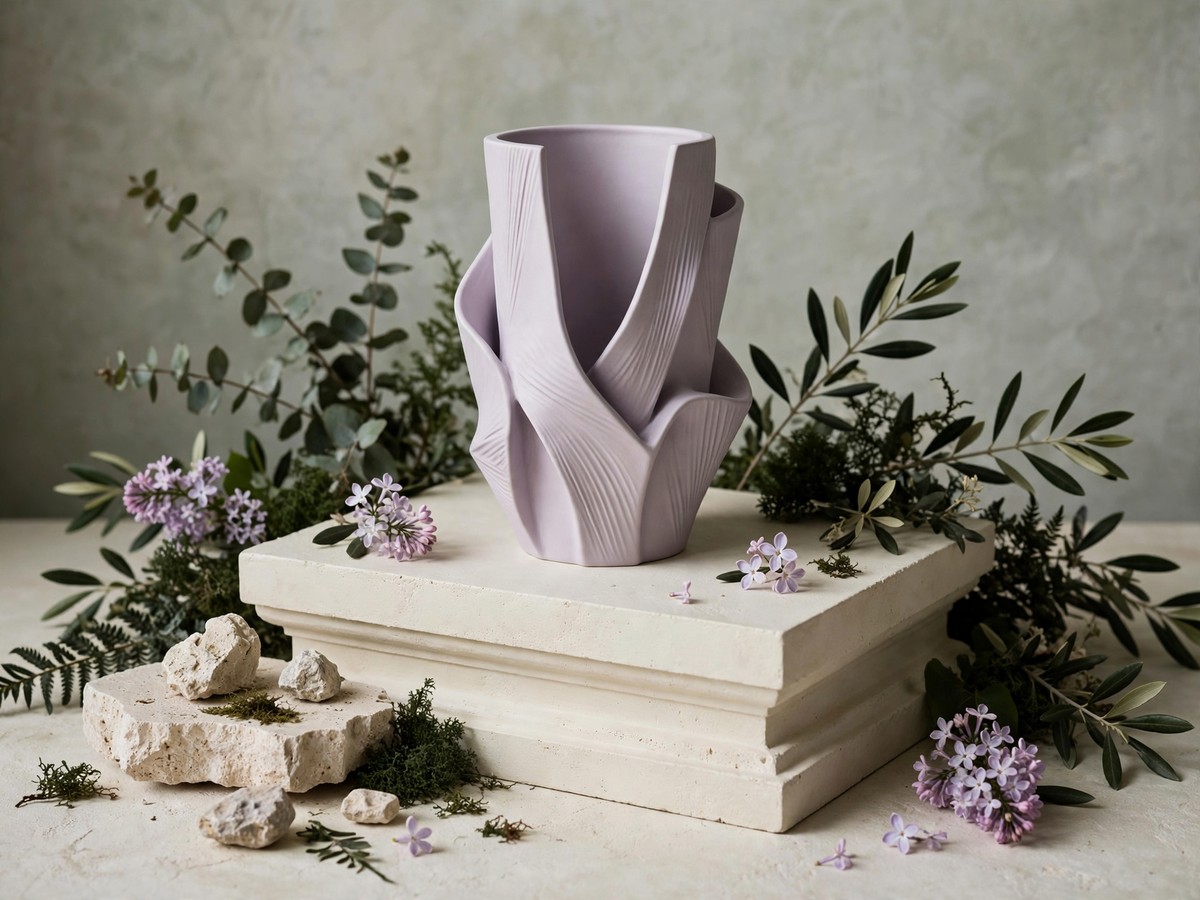 A sculptural lilac vase on a mineral plinth