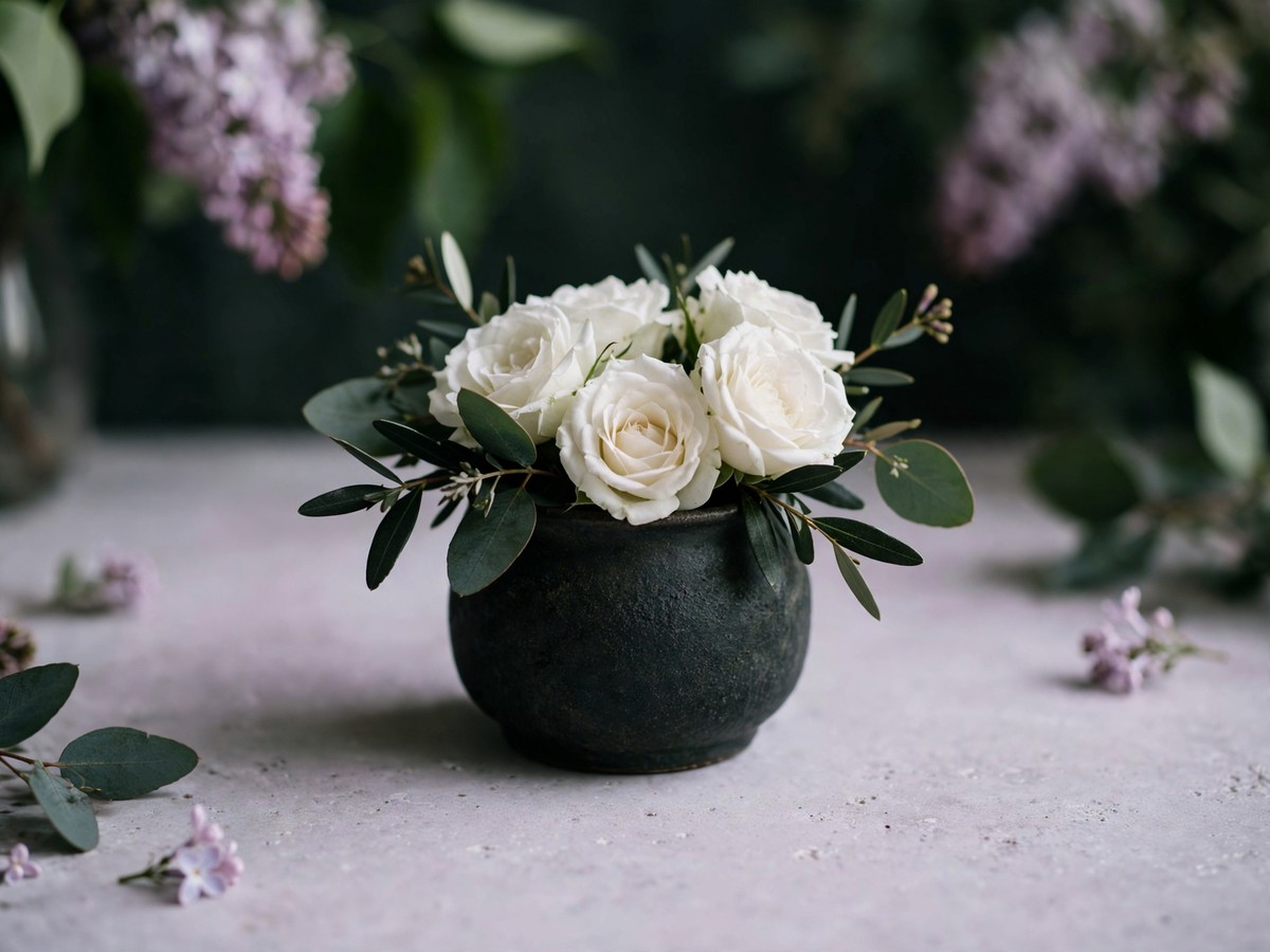 White focal roses near the rim of a dark vase