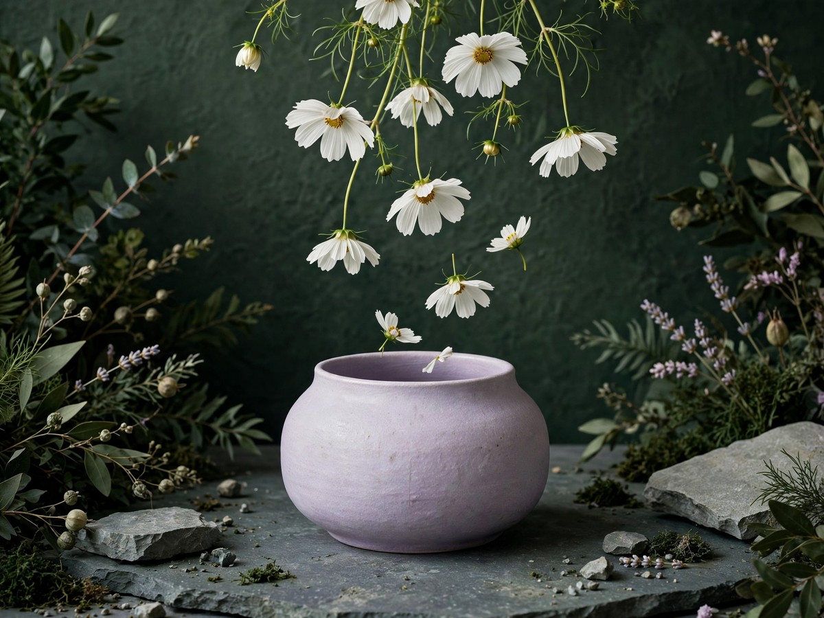 Fine cosmos flowers rising above a lilac vase