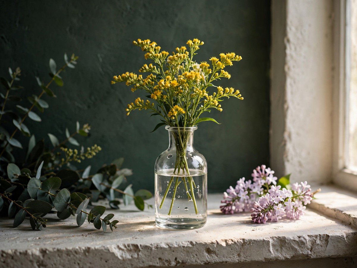 Small yellow flowers beside a window