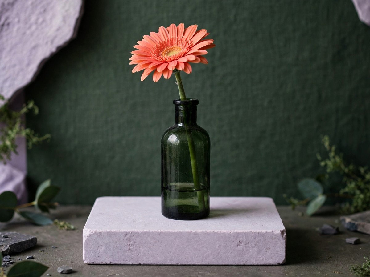 A coral flower in a narrow green vessel