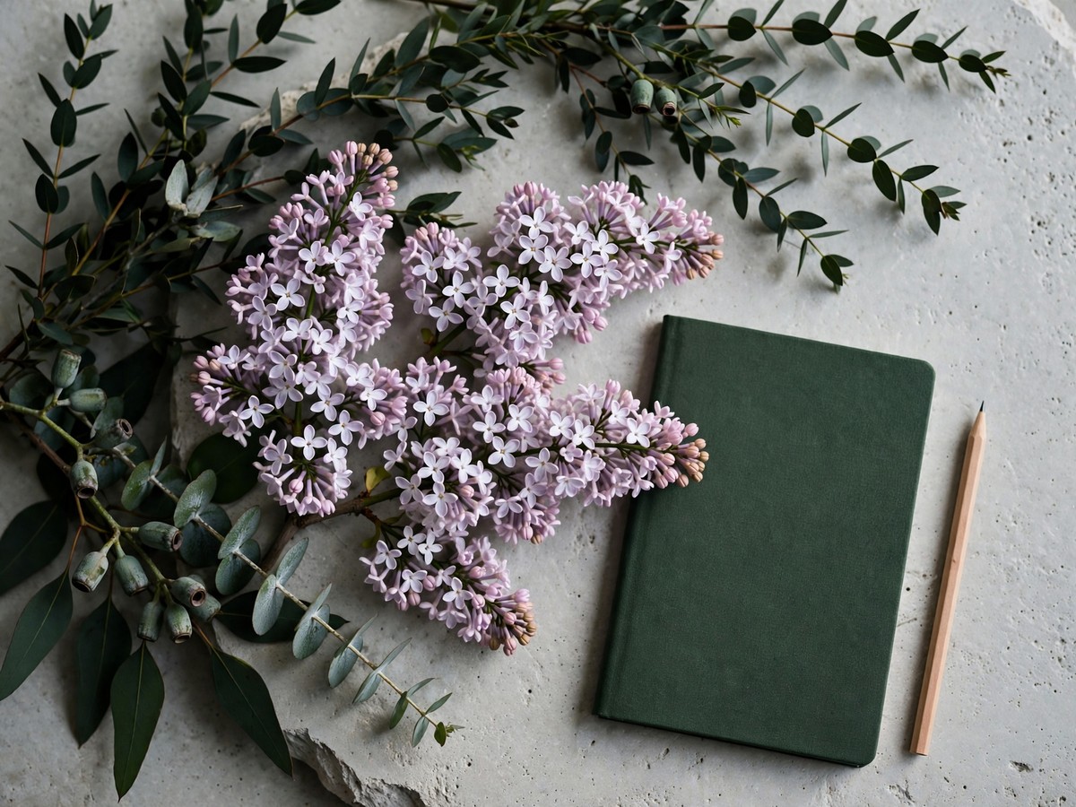 Flowers beside a closed notebook