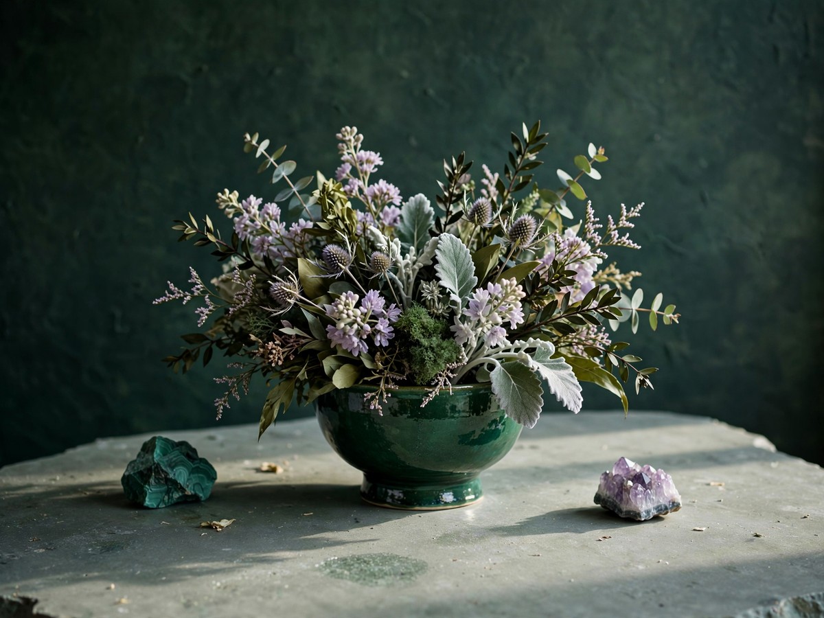 A finished sculptural bouquet in soft light